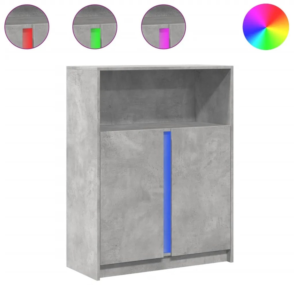 Betonszürke szerelt fa tálalószekrény LED-del 77 x 34 x 100 cm