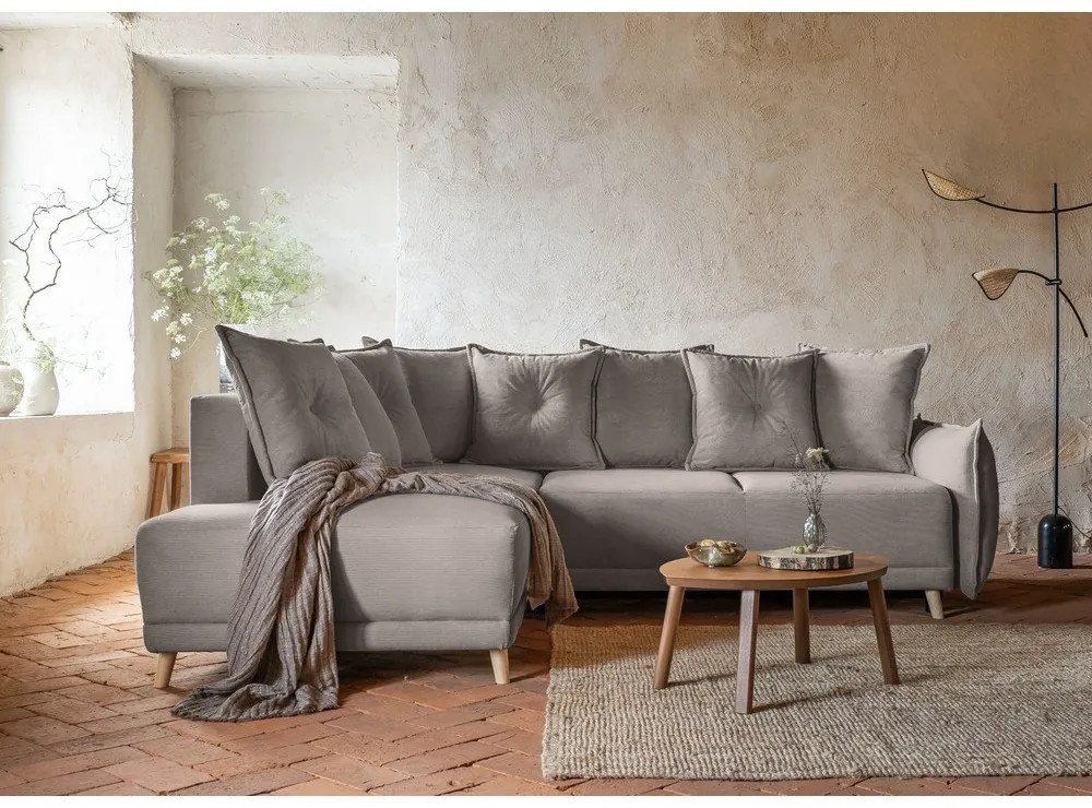 Világosbarna kordbársony kinyitható sarokkanapé (bal oldali) Lazy Lukka – Miuform