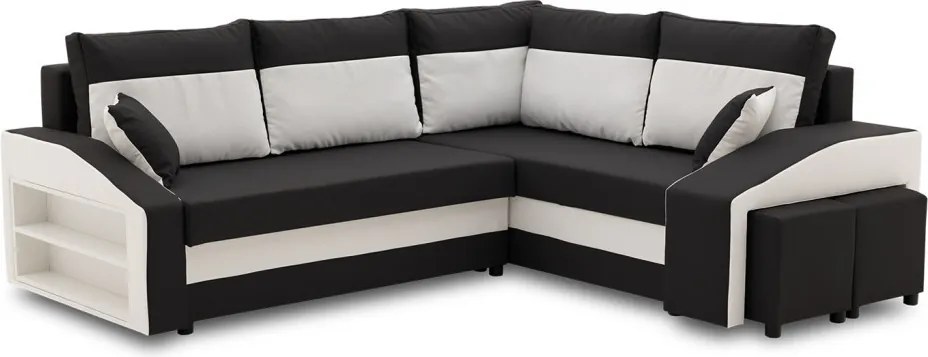 Grande sarokkanapé polcokkal és puffokkal , polc a bal karfaban puffok a jobb karfaban, jobboldali, szövet anyag, hab töltet, fekete - fehér