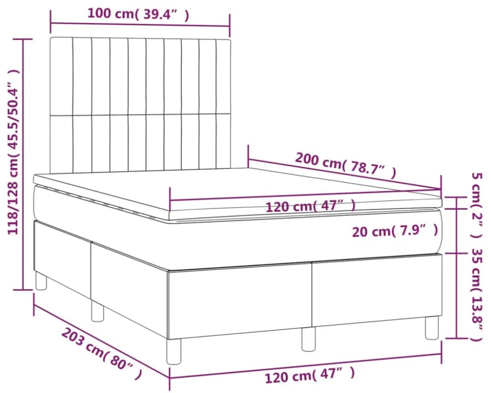 fekete bársony rugós és LED-es ágy matraccal 120x200 cm
