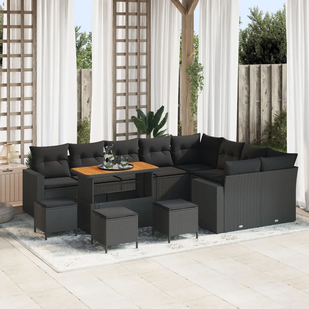 12 Részes Kerti Sofa Készlet Párnákkal Fekete Poli Rattan Akác, 3 Részes Kerti Étkező Készlet Párnákkal Fekete Poli Rattan Akác