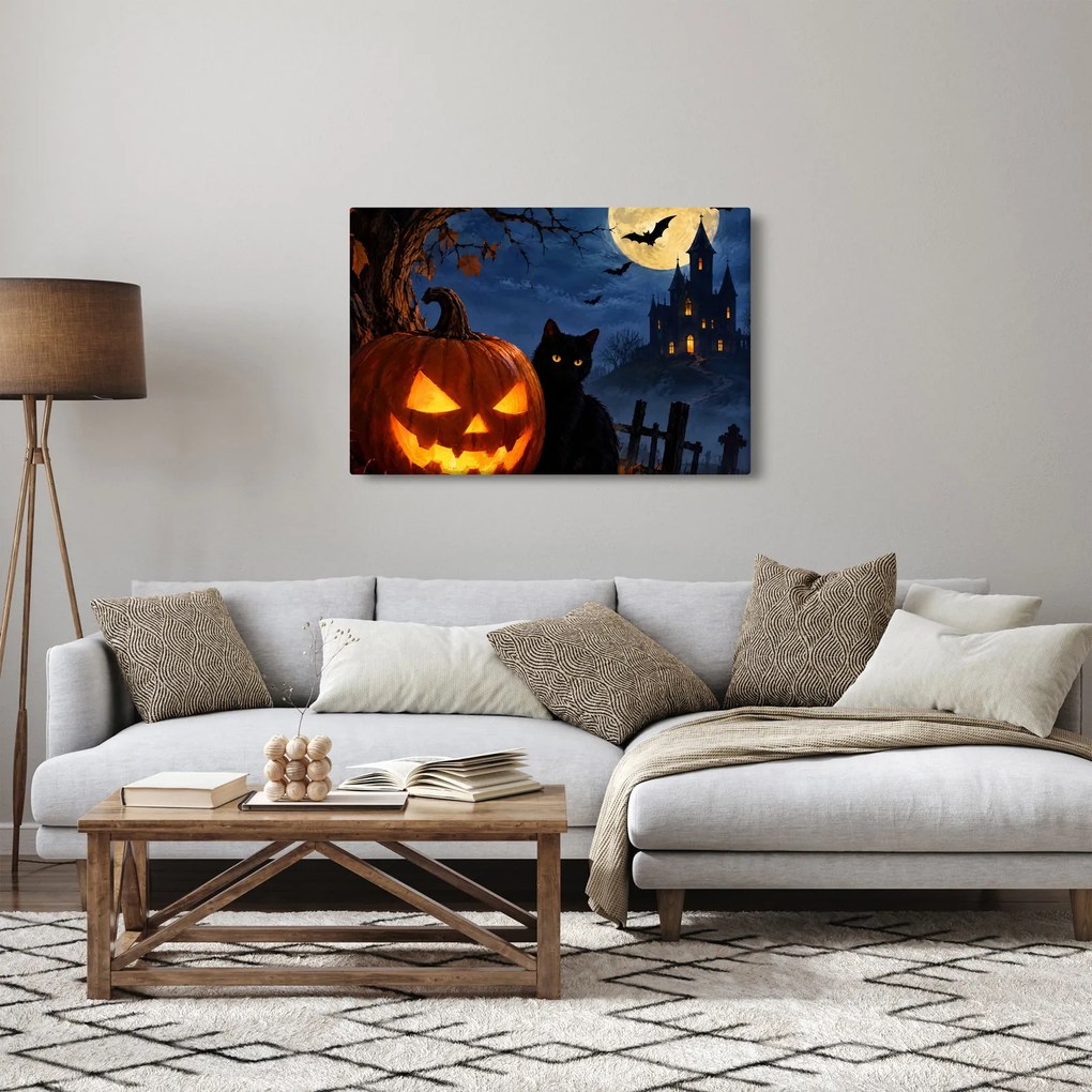 Kép - Fekete macska egy világító halloweeni tök mellett (90x60 cm)