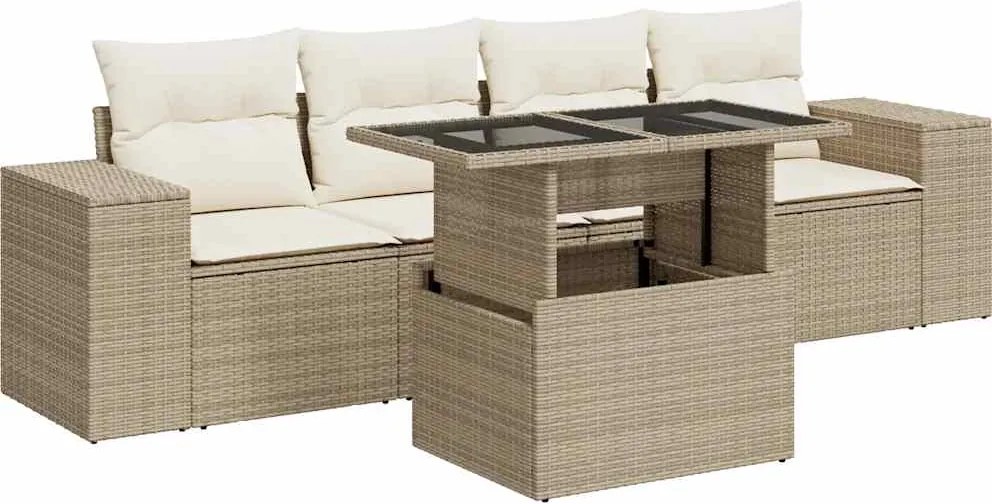 vidaXL 5 részes bézs polyrattan kerti ülőgarnitúra párnákkal