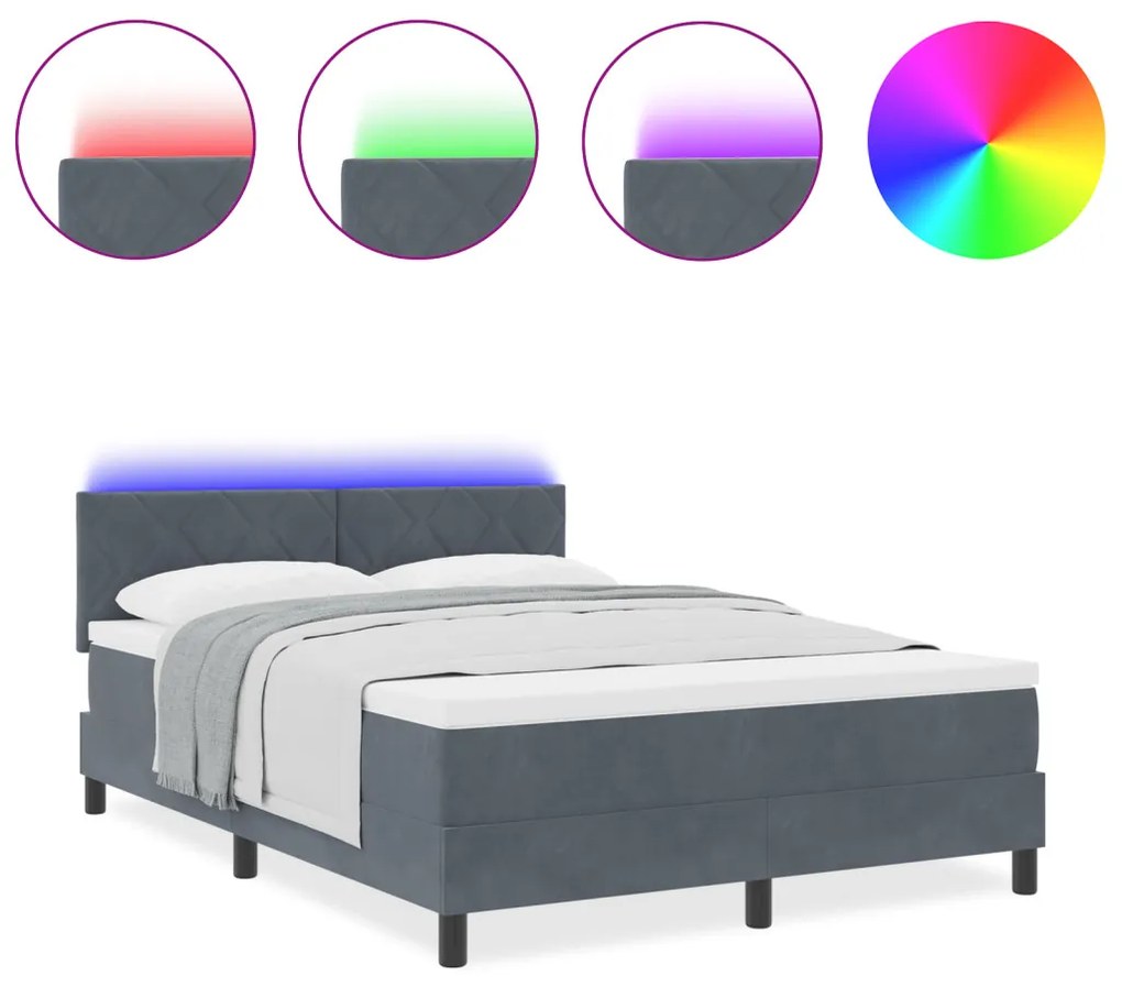 Boxspring Ágy Matresszel és LED világítással Sötétszürke 140x200 cm Bársonyos
