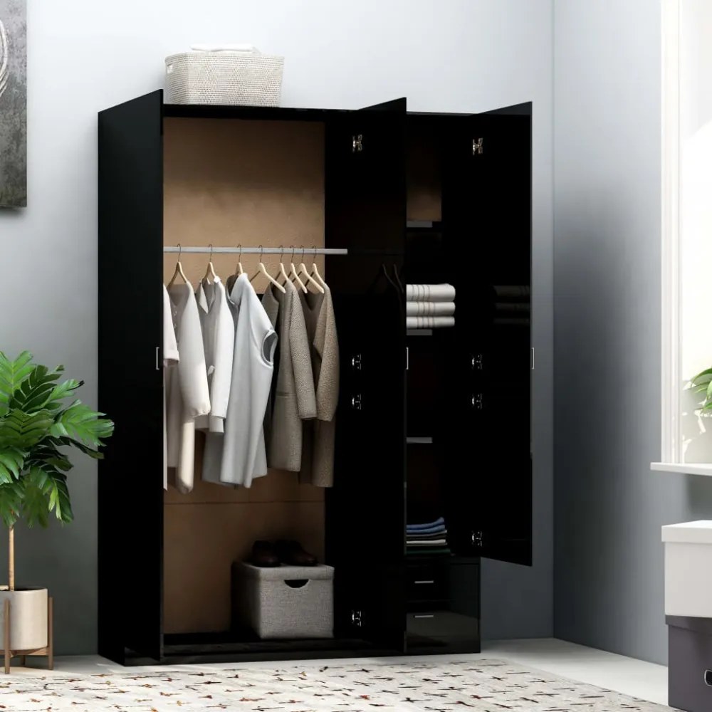 Magasfényű fekete forgácslap 3-ajtós ruhásszekrény 120x50x180cm
