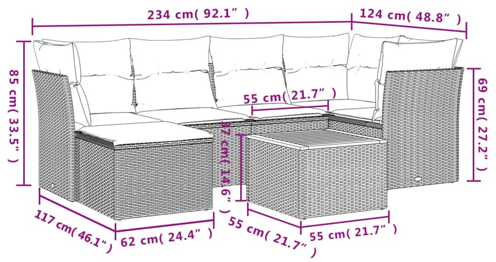 7 részes szürke polyrattan kerti ülőgarnitúra párnákkal