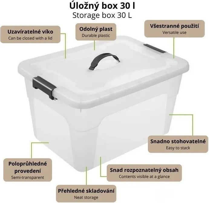 Tárolódoboz készlet 4 db 30 L műanyag áttetsző fedél