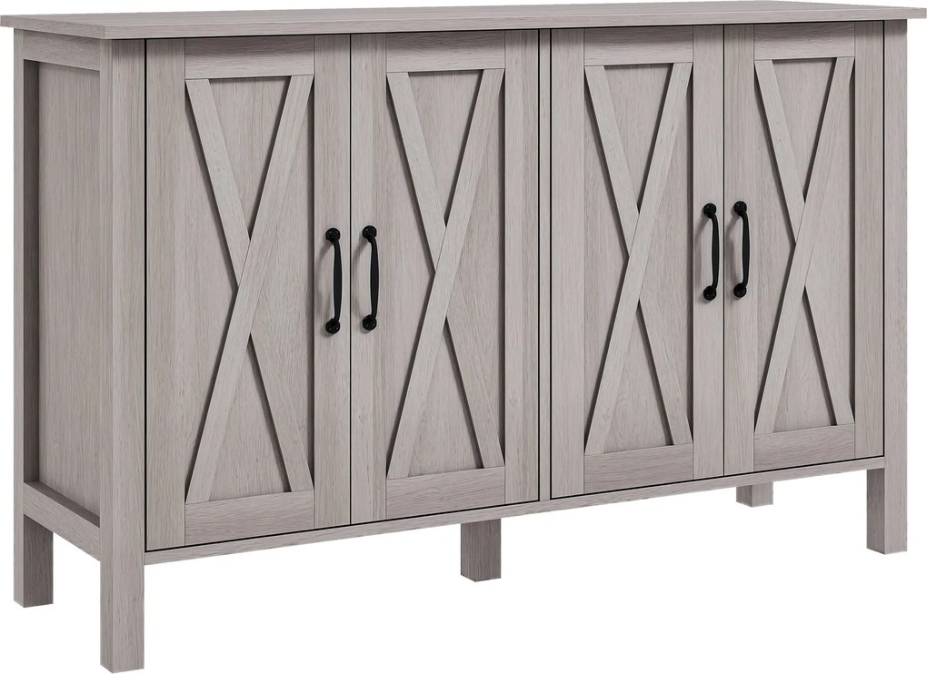 HOMCOM Alacsony Rusztikus Stílusú Konyhai Szekrény 2 Állítható Polccal, TV Buffet 55 hüvelykig 4 Fa Ajtóval, 120x37x75 cm, Szürke | Aosom