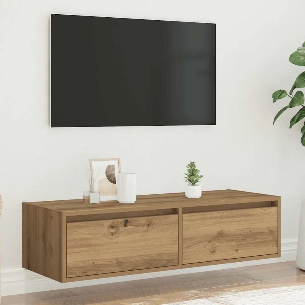 kézműves tölgy színű TV-szekrény LED-lámpákkal 100X35,5x25 cm