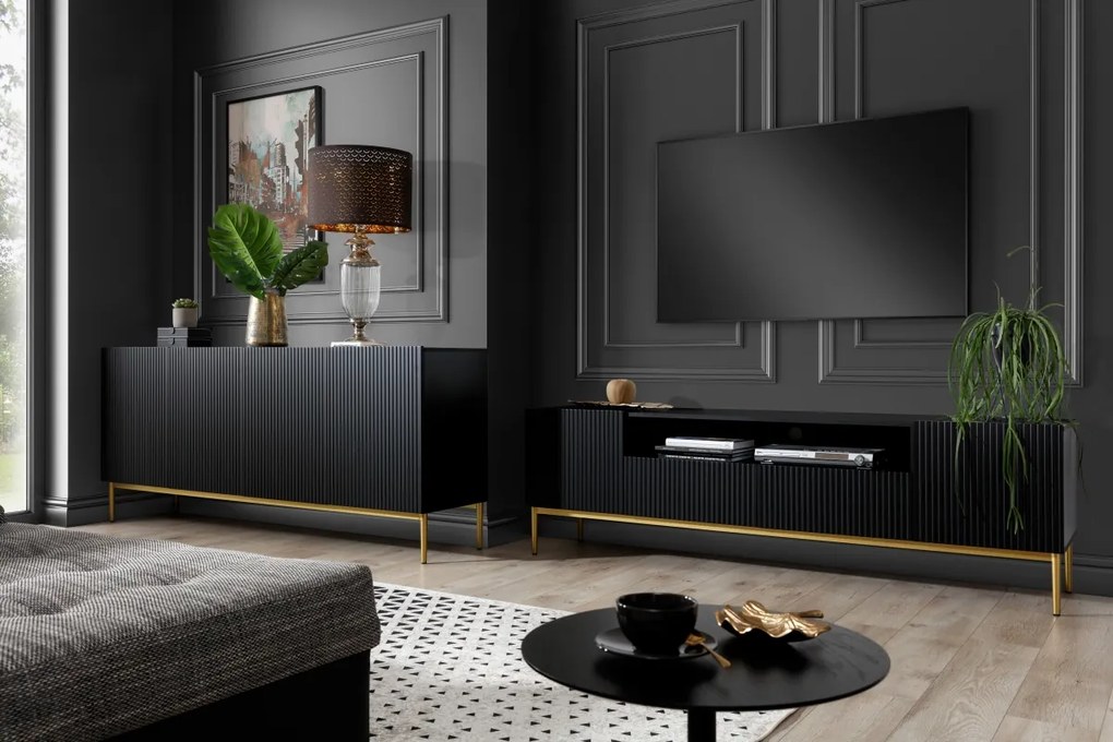 Nicole TV-szekrény 200 cm nyitott polccal és fiókokkal - matt fekete / arany lábak