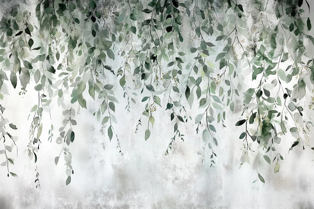 Fotótapéta Flizelina Fal Szürke Beton Levelek Növények 208x146 ragasztó