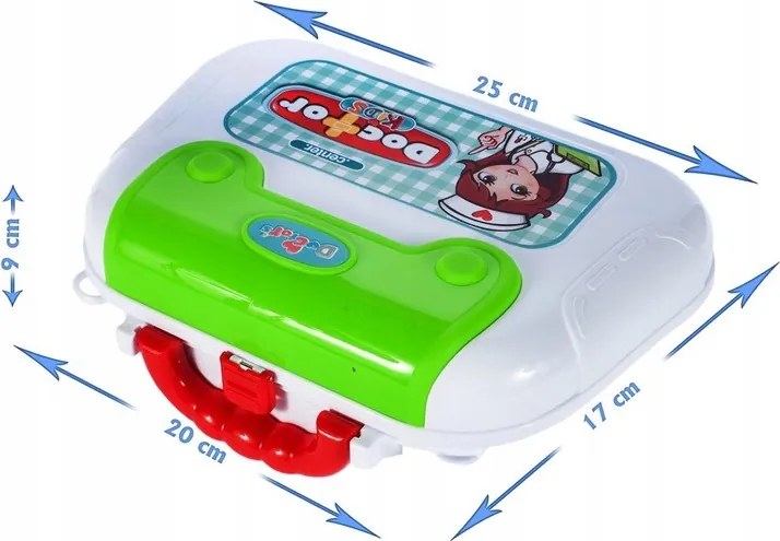 Gyermek orvosi készlet, fogantyús bőrönddel, hordozószíjjal, 12 kiegészítővel, többszínű