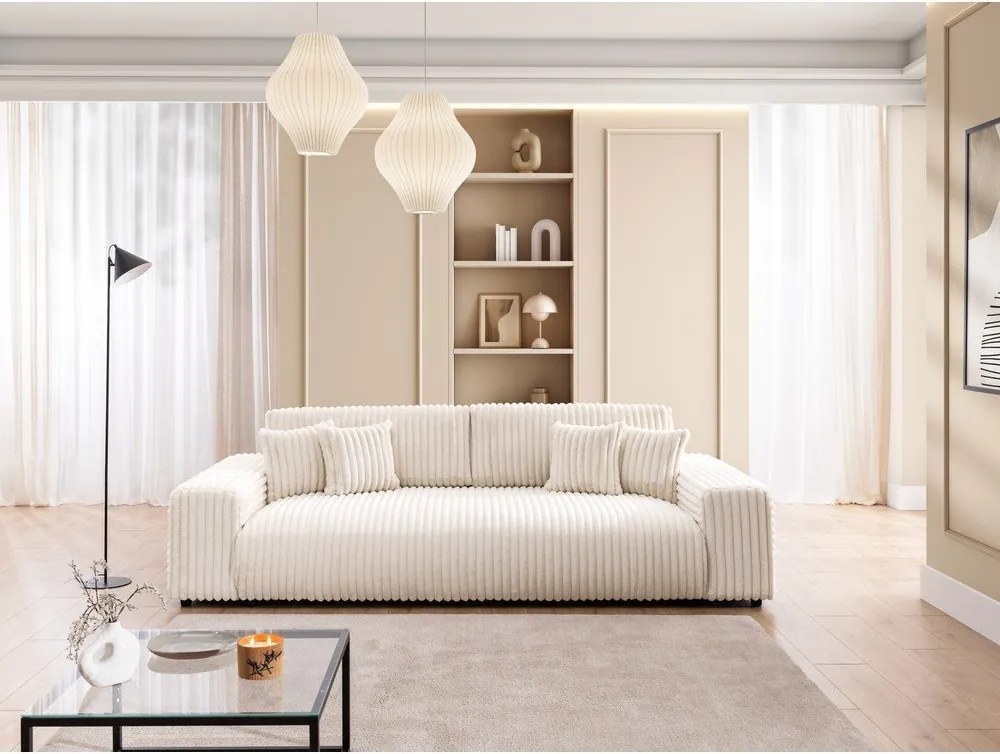 Krémszínű kordbársony kinyitható-tárolóhelyes kanapé 260 cm Justin – Ropez