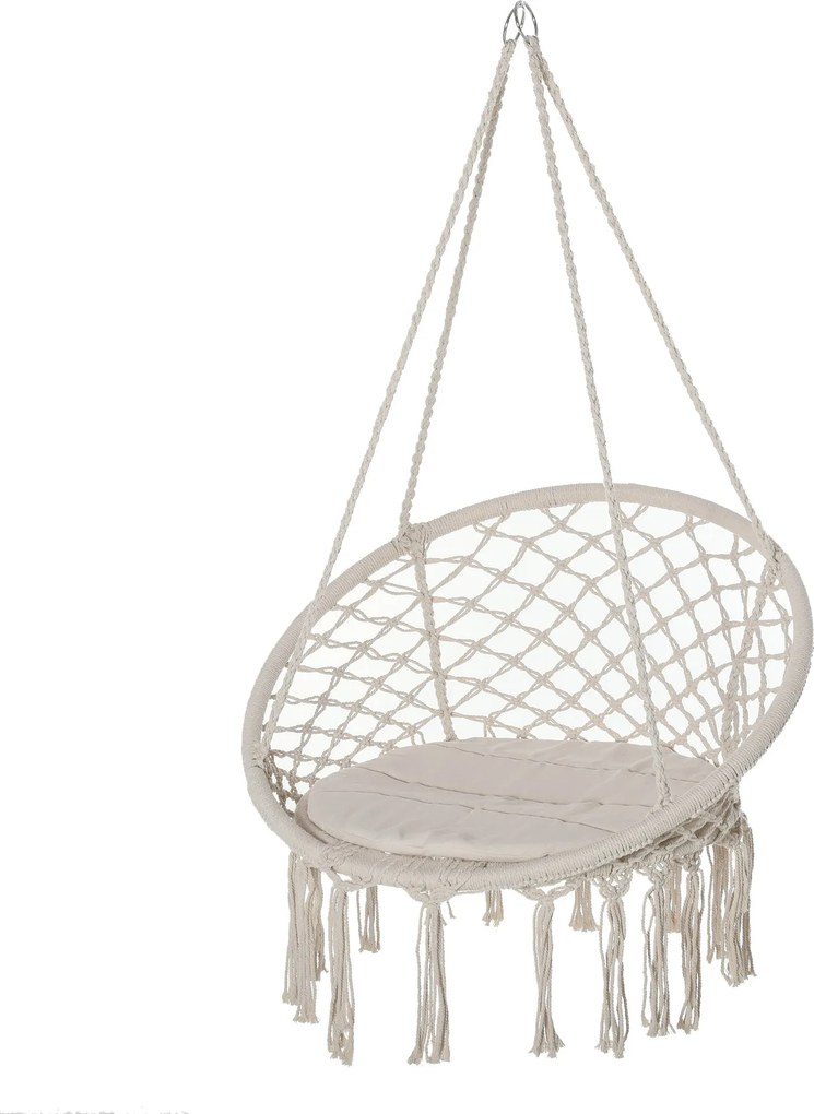 Outsunny Kerek Függőszék Ø60 cm Hintaágy Párnával és Pamut Kötéllel Belső és Külső Használatra 80x80x42 cm Bézs | Aosom
