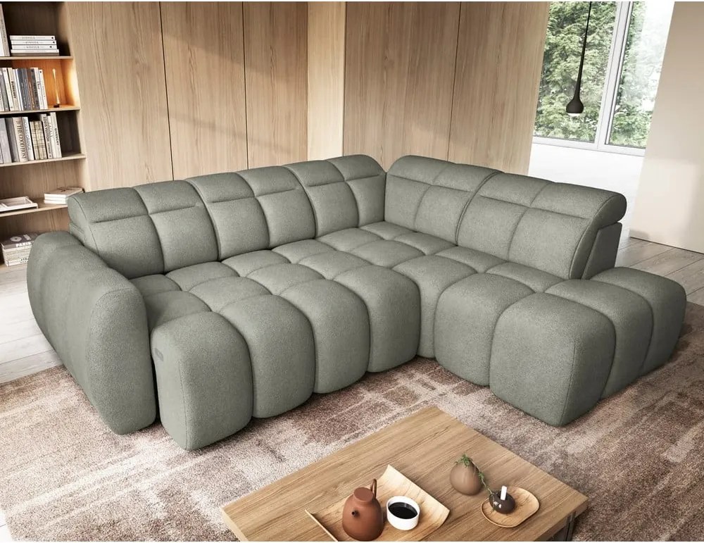 Szürkészöld buklé kinyitható-tárolóhelyes sarokkanapé (jobb oldali-L alakú) Falconn – ELTAP