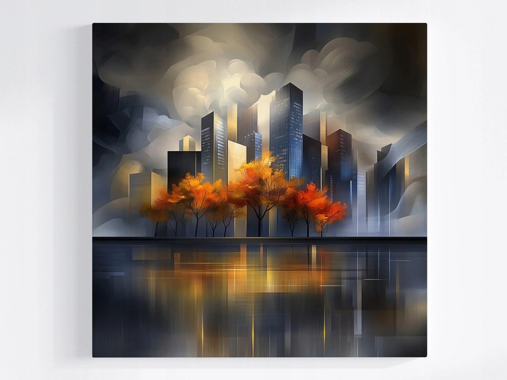 Vászonkép Canvas Város Felhőkarcolók Fák Ősz Víz Tükröződés 80x80