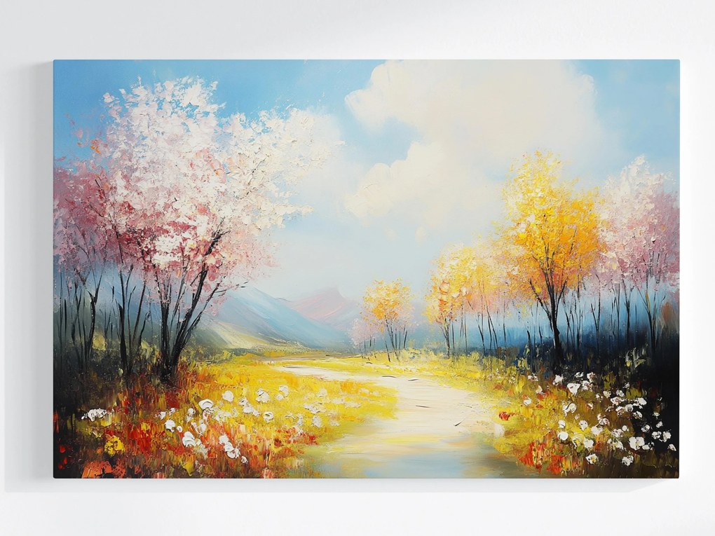 Vászonkép Canvas Tájkép Kilátás Tavasz Hegyek Völgy Rét Virágok 60x40