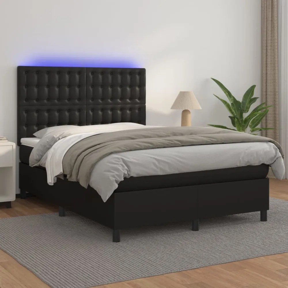 fekete műbőr rugós ágy matraccal és LED-del 140x200 cm