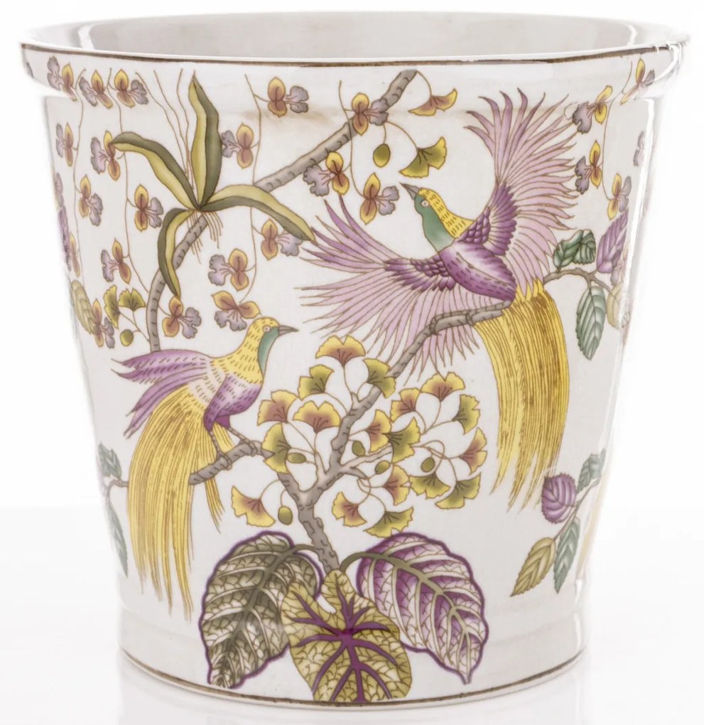 Törtfehér vintage szögletes porcelán 3db-os virágtartó kaspó szett pávákkal festve 12x13,5x13,5 / 16x17,5x17,5 / 21x23x23cm