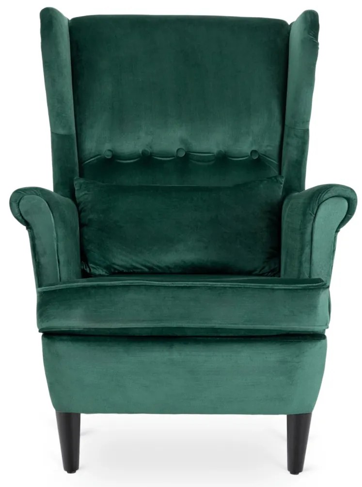 Elegáns Füles Fotel Lábtartóval Zöld Bársony Kárpittal. EVAN 2