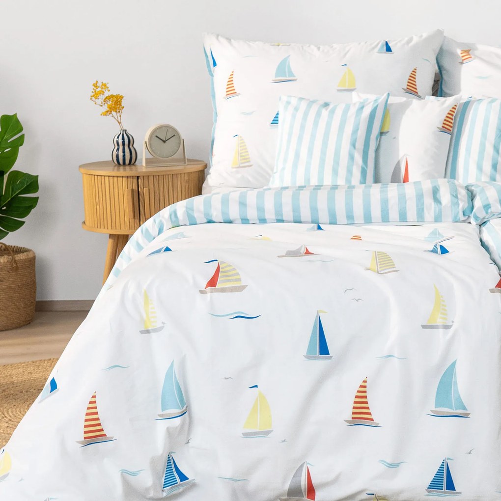 Goldea pamut ágyneműhuzat - vitorlások, kék csíkos hátoldal 240 x 220 és 2db 70 x 90 cm