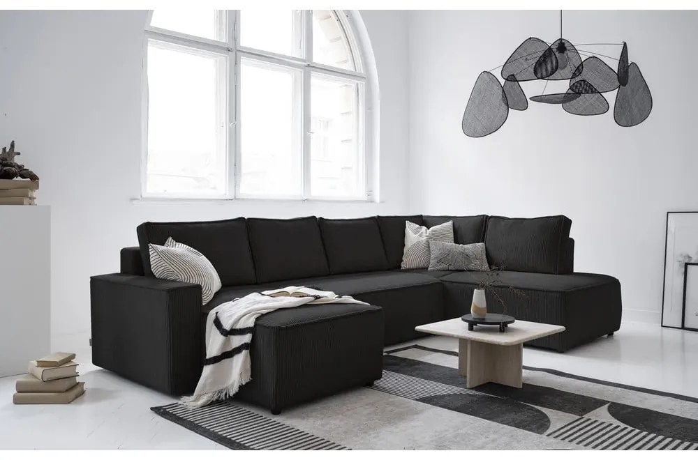 Antracitszürke kordbársony kinyitható sarokkanapé (jobb oldali-U alakú) Brave Dave – Miuform