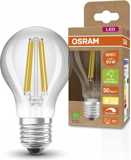Led izzó A60 E27 4,3W 60W 806lm 2700K Fényerőszabályozható 188lm/W Ultra Osram