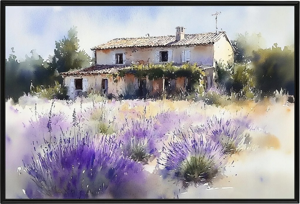 Poszter Keret Alumínium Tájkép Falu Franciaország Ház Villa Kert Levendula 60x40