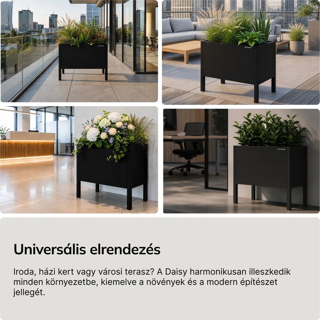 Nagy, fekete fém virágcserép-burkolat: DAISY 500 x 400 x 300 mm
