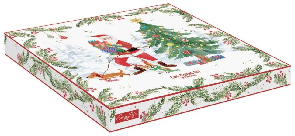 Joyful Santa porcelán karácsonyi kerek tortatál lapáttal, 32cm, díszdobozban
