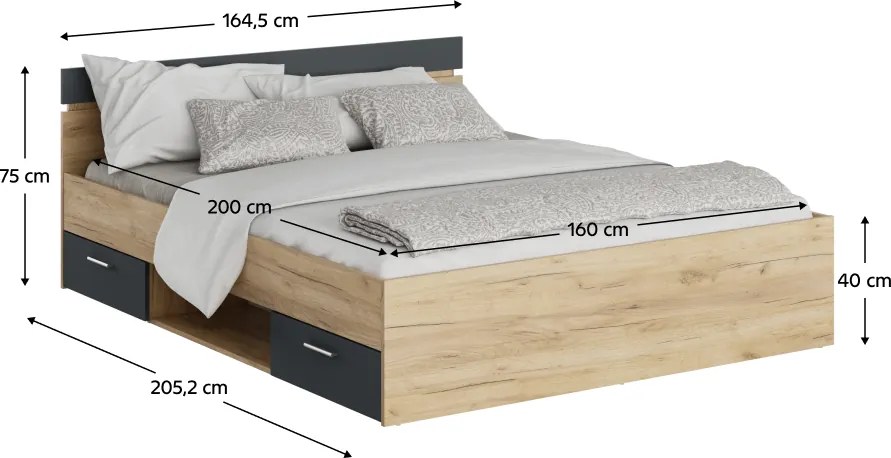 Ágykeret, 160x200, artisan tölgy/grafit, MICHIGAN NEW