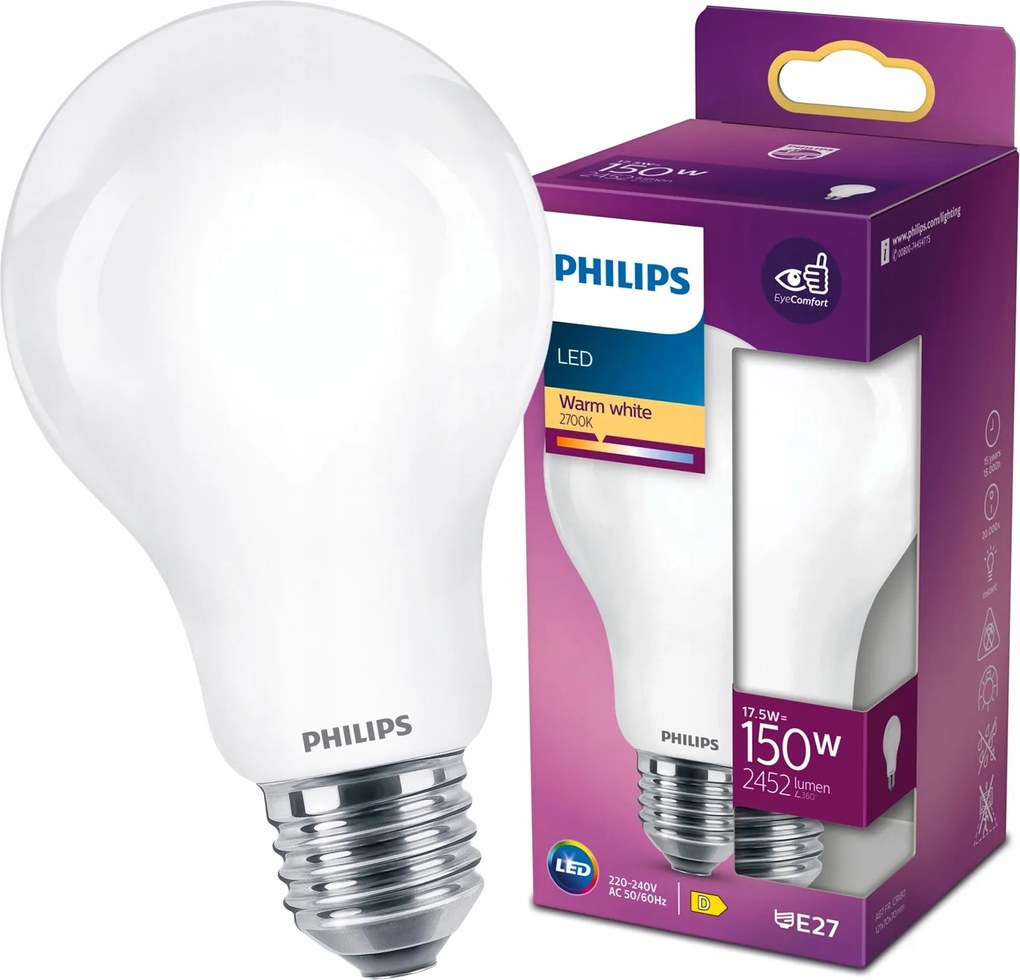 Led izzó Philips E27 17.5W 150W 2452lm 2700K Meleg Színű Erős Filament