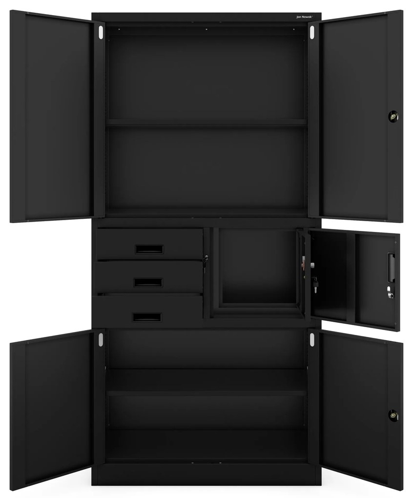 Fém iratszekrény széffel és fiókokkal FILIP II, 900 x 1850 x 400 mm, fekete