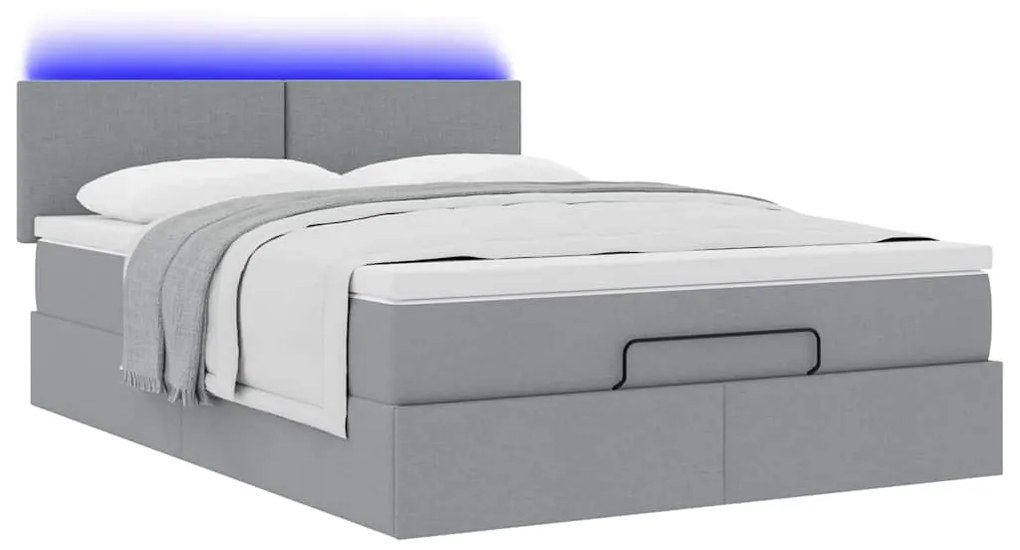 Ottomán ágy matraccal &amp; LED-ek Világosszürke 140x190 cm szövet