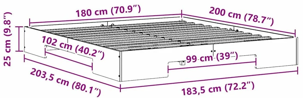vidaXL Földi ágykeret tárolóval Barna 180 x 200 cm Tömör fenyőfa