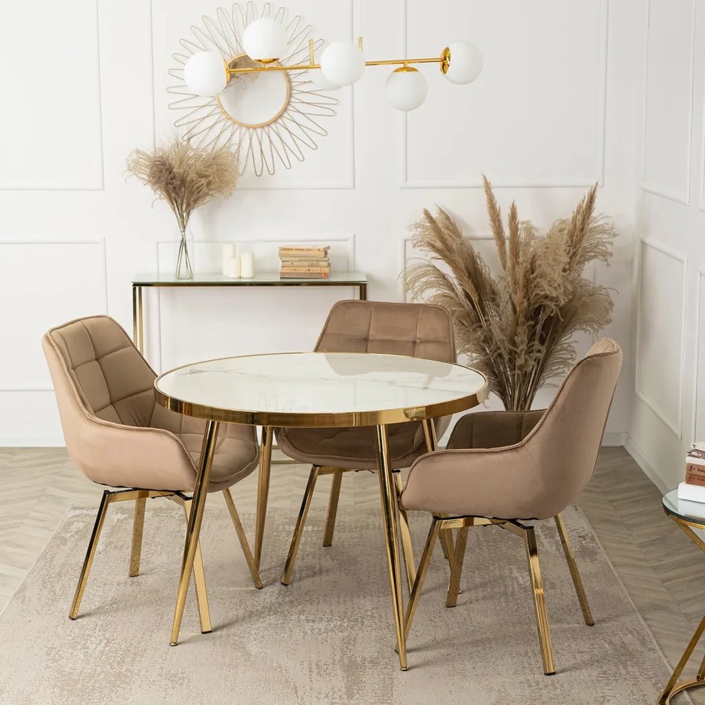 Stół TINGA 100 cm Szklany Biały márvány/Złoty