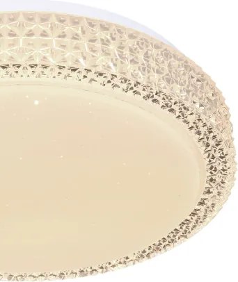 Globo 41749-12 Mennyezeti lámpa fehér váz, akril fehér búra, akril-kristály és sparkle effekt dekorral. Fali kapcsolóról 3 lépésben színhőmérsékletváltós. Ø:260, H:80, tartozék: 1xLED 12W 230V, 980lm, CCT 3.000-4500-6.500