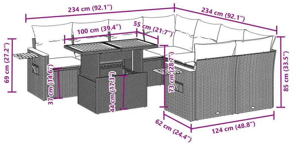 9 részes bézs polyrattan kerti ülőgarnitúra párnákkal