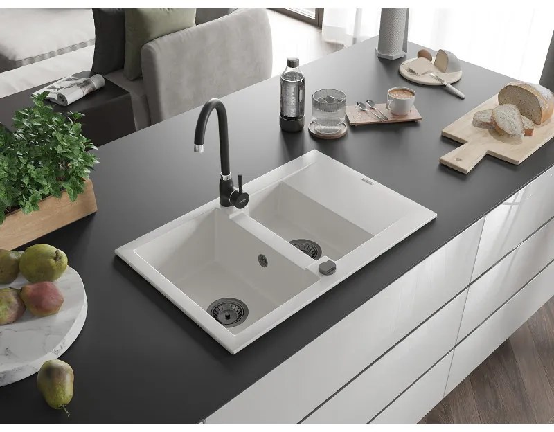 Mexen Gaspar, gránit mosogató 737x475x177 mm, 1,5 kamrás és fekete Telma csaptelep, fehér, 6507-20-670200-70