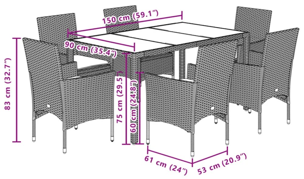 vidaXL 7részes szürke polyrattan/akácfa kerti étkezőgarnitúra párnával