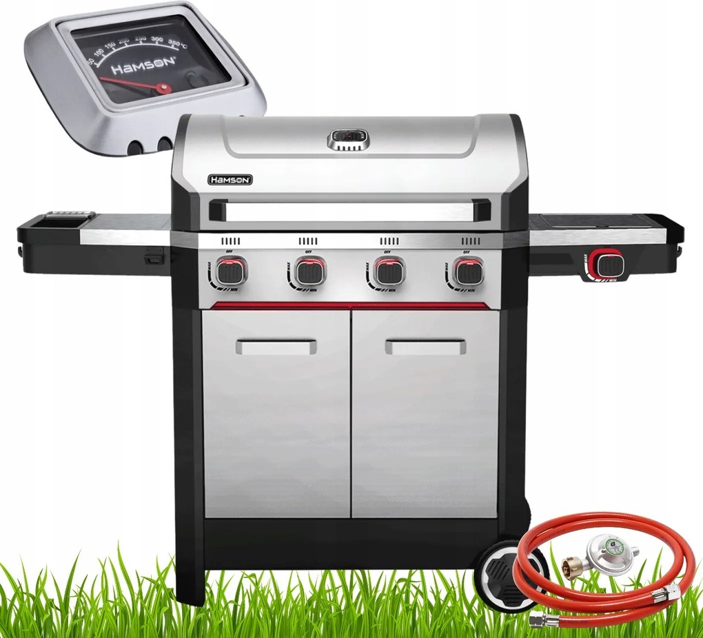 Gázgrill Kerti Öntöttvas Rozsdamentes Rács Hamson 16,5kW 4+1 Erős Nagy
