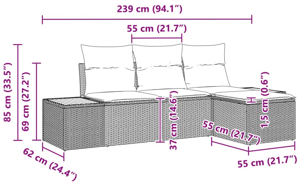4 darabos kerti kanapé szett párnákkal Fekete Poli Rattan Akácia