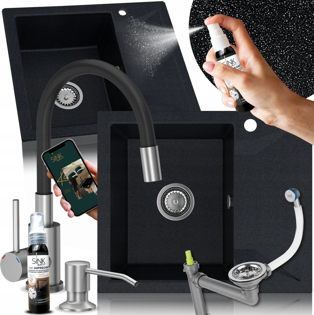 Gránit Mosogató Egymedencés Csepegtető Csaptelep Adagoló Fekete Fém