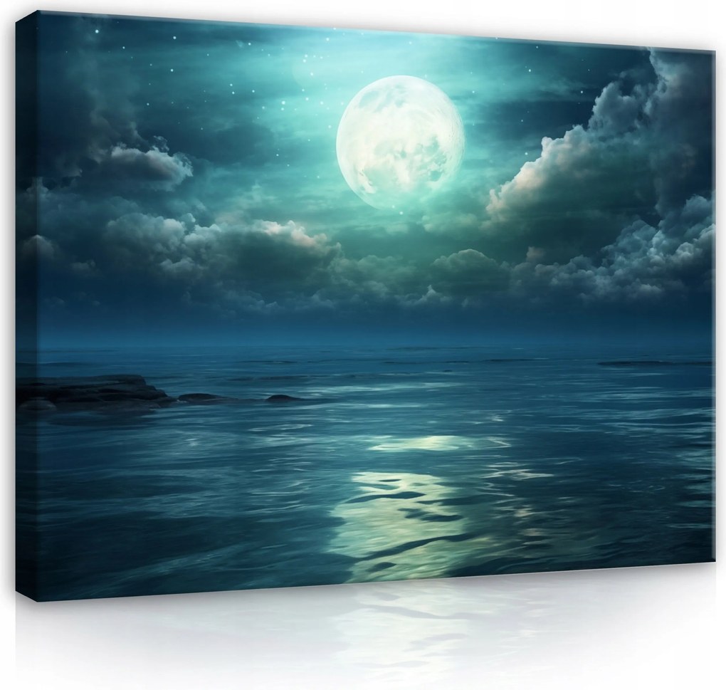 Vászonkép 80x60 Éjszaka Telihold Tenger Víz Felhők Csillagok Nyugalom Rejtély Mágia