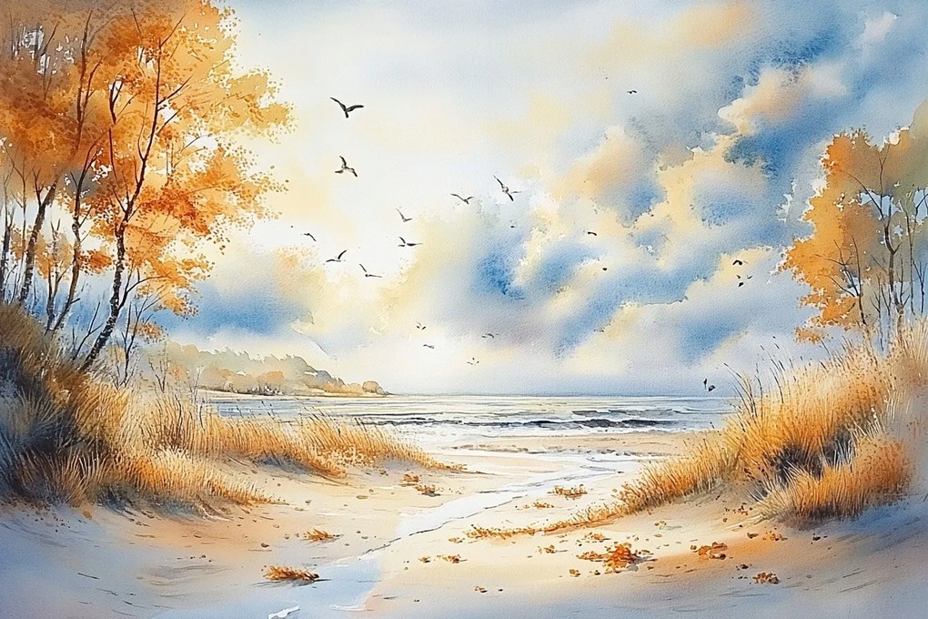 Vászonkép Canvas Tájkép Tenger Tengerpart Hullámok Dűnék Sirályok Ősz 60x40