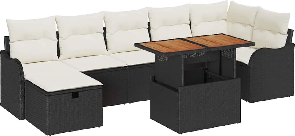 vidaXL Kerti Kanapé Szett párnával tárolóval 8 pcs Fekete polirattan