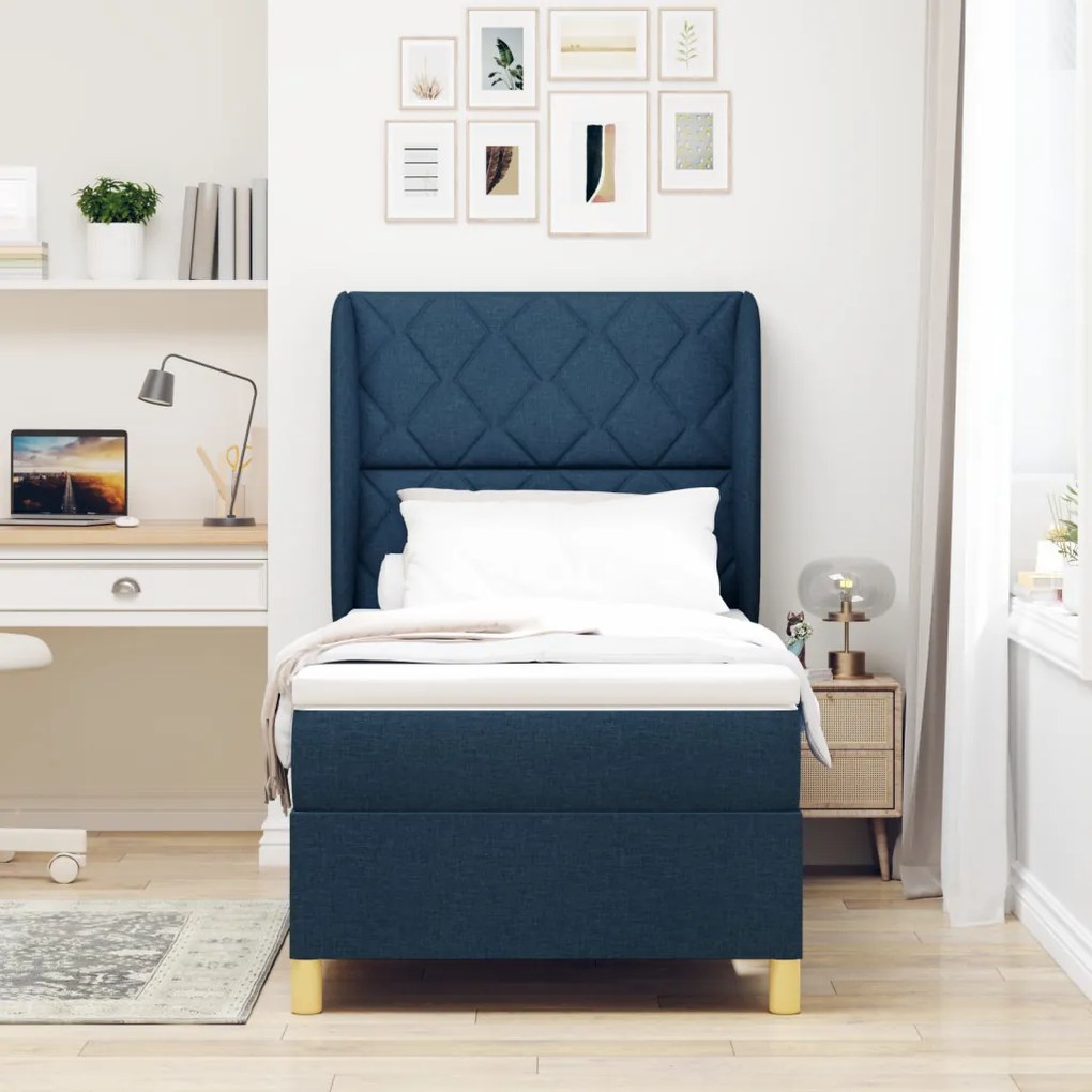 Boxspringágy Mattal - Kék - 90x190 cm - Szövet