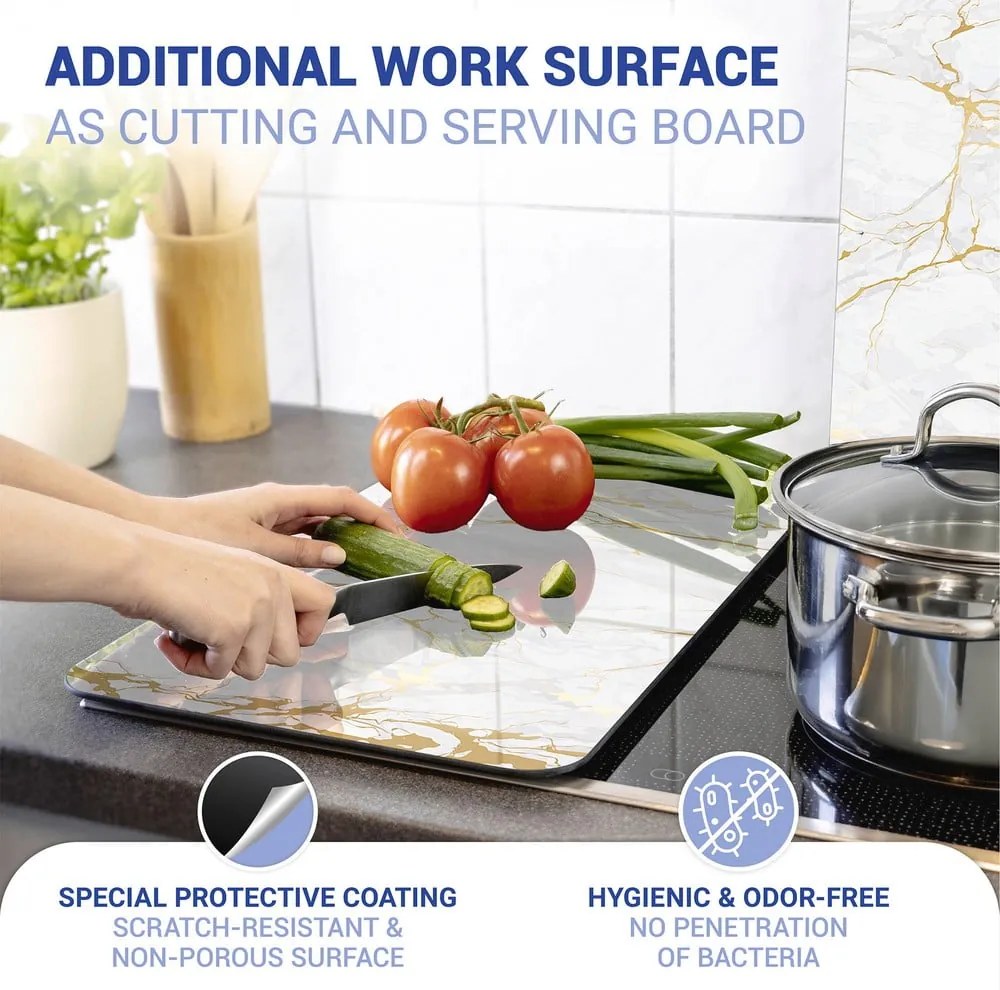 Fehér-aranyszínű edzett üveg tűzhely fedőlap szett 2 db-os 30x52 cm Marble – Wenko