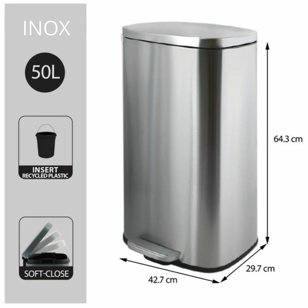 Spirella Soft-close Akira pedálos hulladékgyűjtő 50 l, csiszolt rozsdamentes acél, 50 l