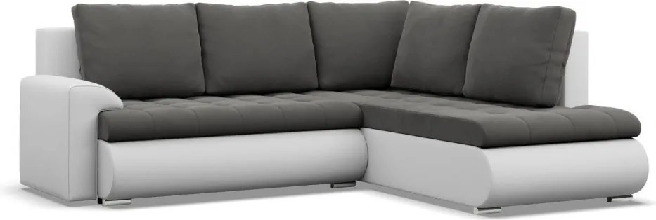Tokio sarokkanapé, L alakú háttámlával, 2 ágyneműtartóval, bársony + műbőr, jobboldali, szürke - fehér